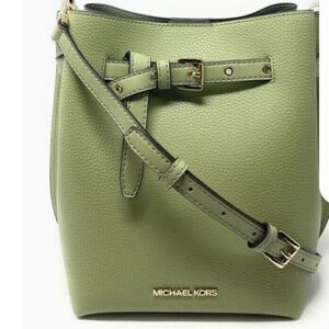 Michael Kors drawstring messenger bucket bag in sage green pebble leather